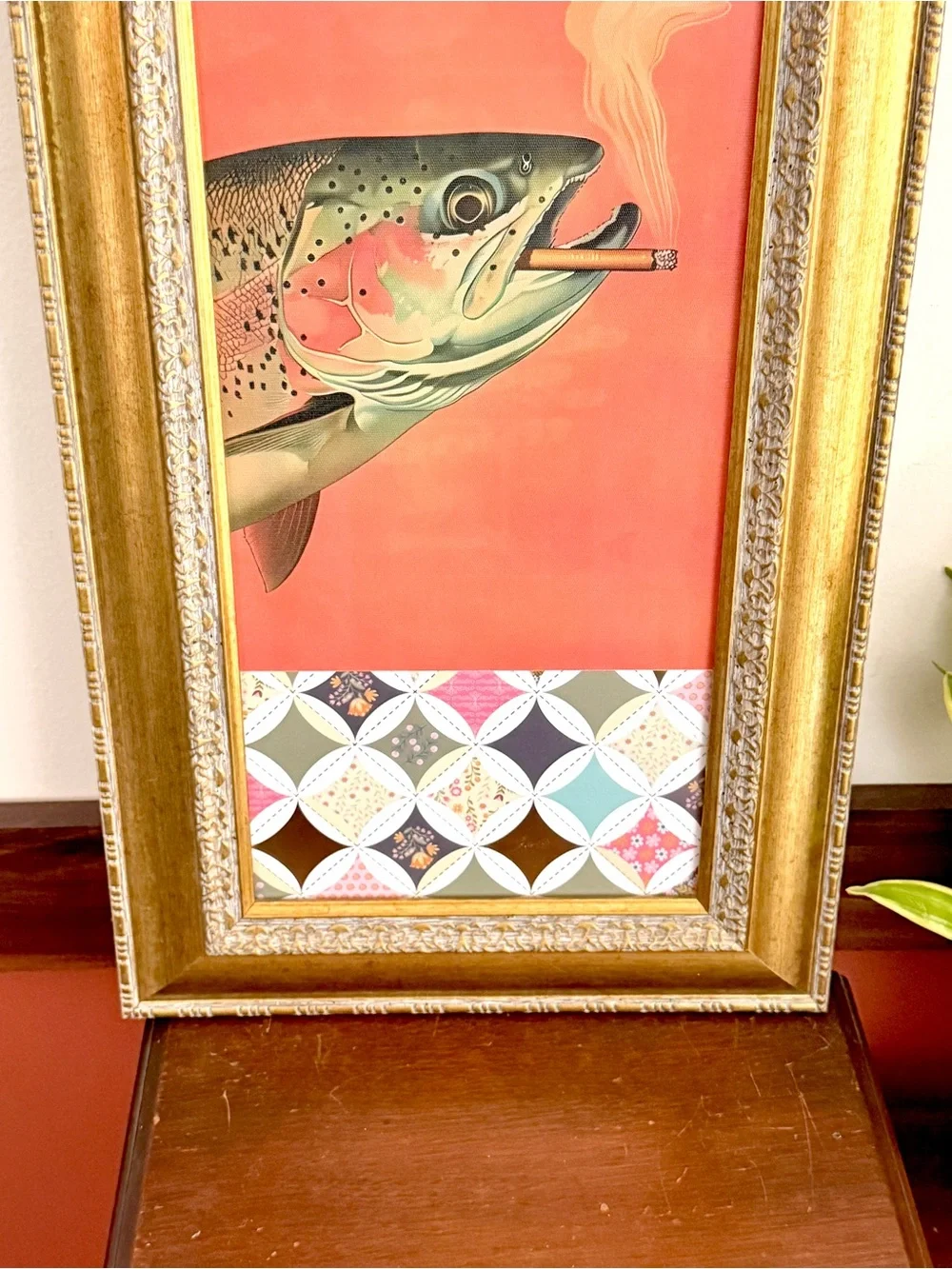 Trout Fish Smoking a Cigarette Vintage Style Canvas Wall Art Print Gold Framed